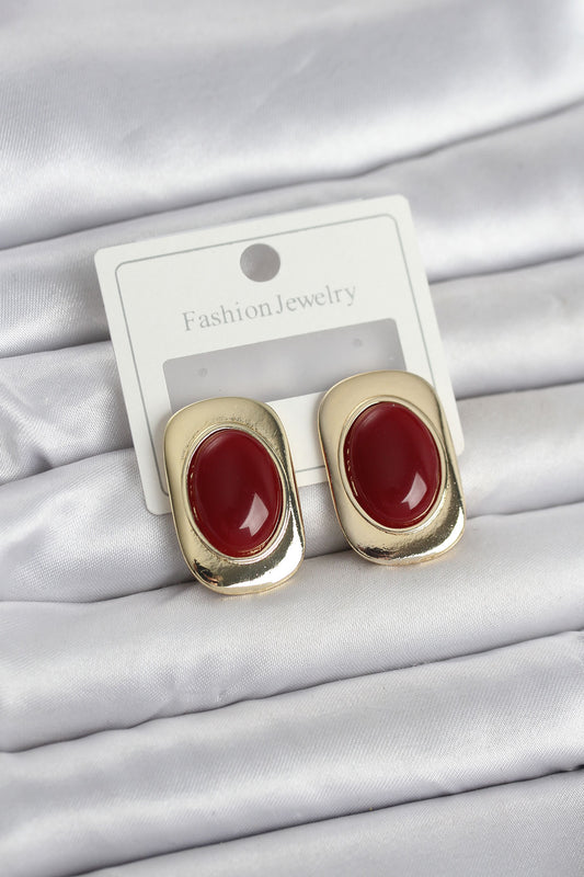 Bordo Renk Kare Model Vintage Kadın Küpe