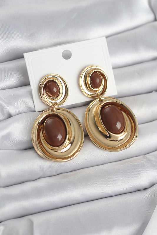 Kahverengi Sallantılı Damla Model Gold Renk Vintage Kadın Küpe