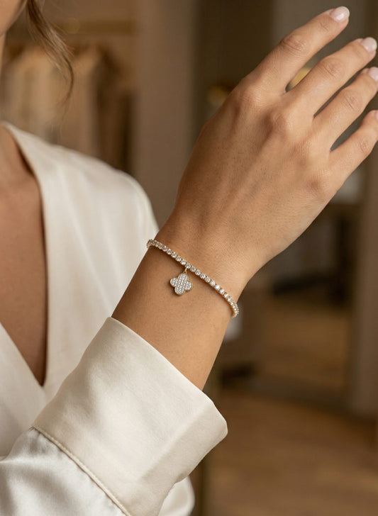 Gold-Tone Adjustable Clover Tennis Bracelet with Zircon Detail