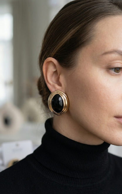 Brass Gold-Tone Black Almond Vintage-Inspired Women's Earrings