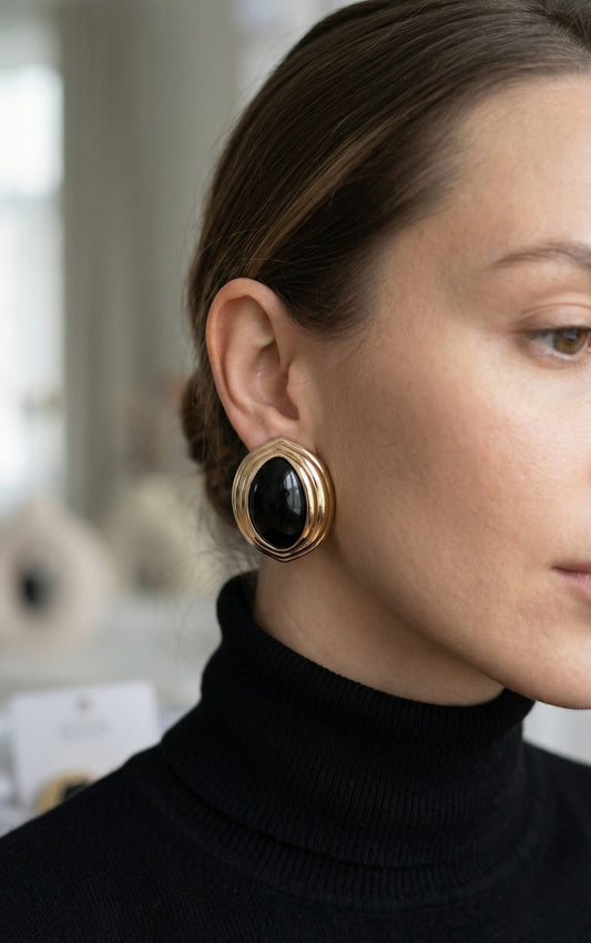 Brass Gold-Tone Black Almond Vintage-Inspired Women's Earrings