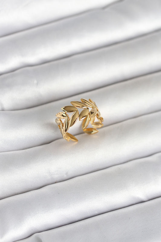 316L Stainless Steel Gold-Tone Leaf Motif Women's Ring
