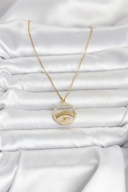 316L Çelik Gold Renk Zirkon Taşlı Göz Model Kadın Kolye