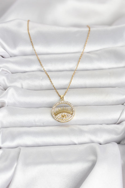 316L Çelik Gold Renk Zirkon Taşlı Göz Model Kadın Kolye