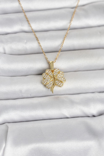 316L Çelik Gold Renk Açılabilir Yonca Model Zirkon Taşlı Kadın Kolye