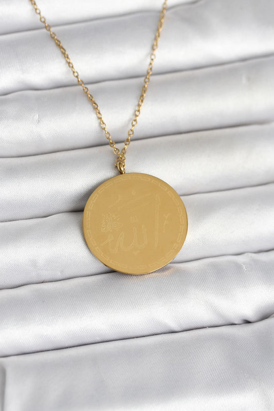 316L Çelik Gold Renk Ayetel Kürsi ve Allah Yazılı Kolye