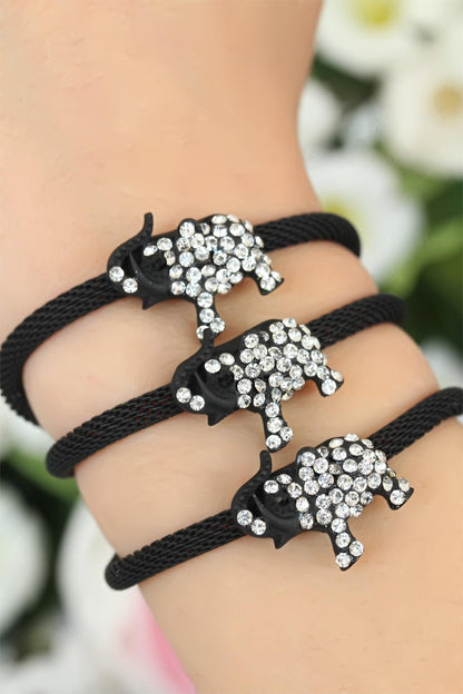 Siyah Zirkon Taşlı Fil Aksesuarlı Metal Bayan Bileklik