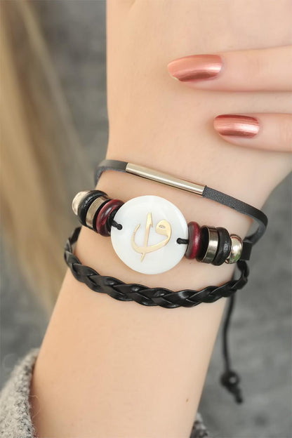 Black Color Elif Vav Design Multi Leather Women's Bracelet