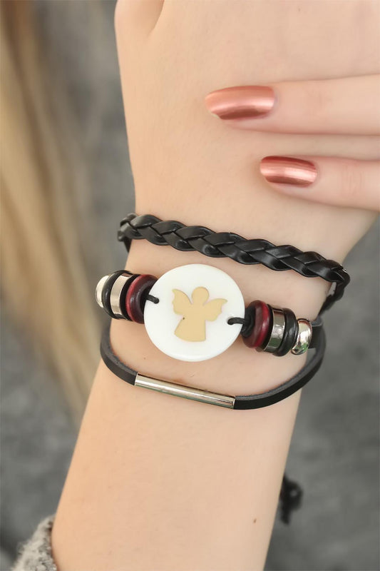 Black Color Angel Design Multi Leather Women's Bracelet