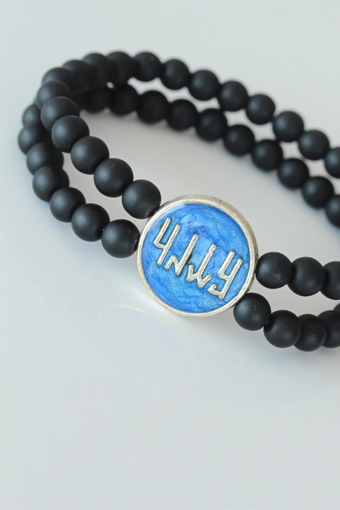 Double Row Onyx Natural Stone Men's Bracelet with Vav Figured Navy Blue Metal Accessories