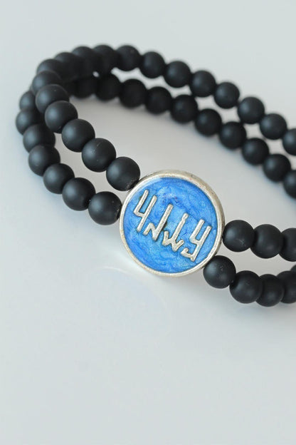 Double Row Onyx Natural Stone Men's Bracelet with Vav Figured Navy Blue Metal Accessories