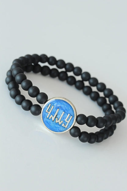 Double Row Onyx Natural Stone Men's Bracelet with Vav Figured Navy Blue Metal Accessories