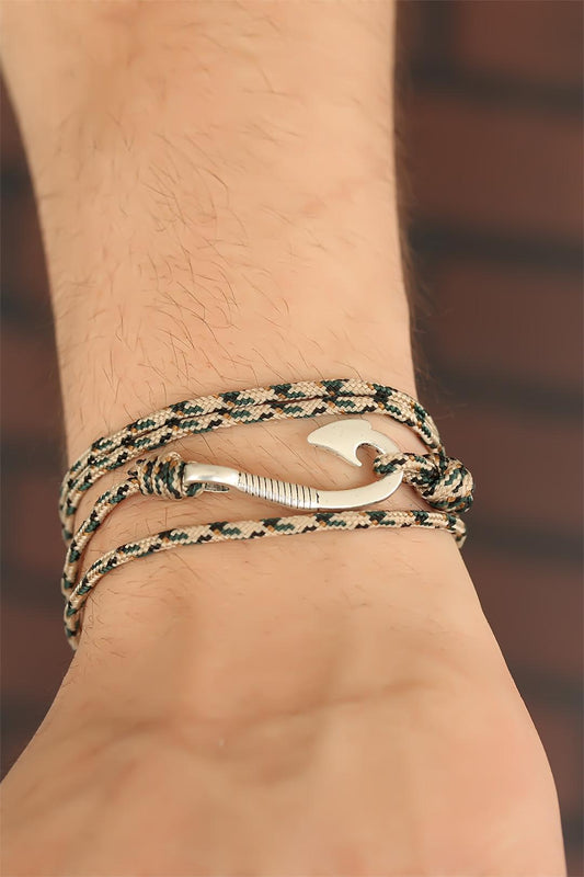 Cream Colored Striped Patterned Metal Hook Men's Bracelet