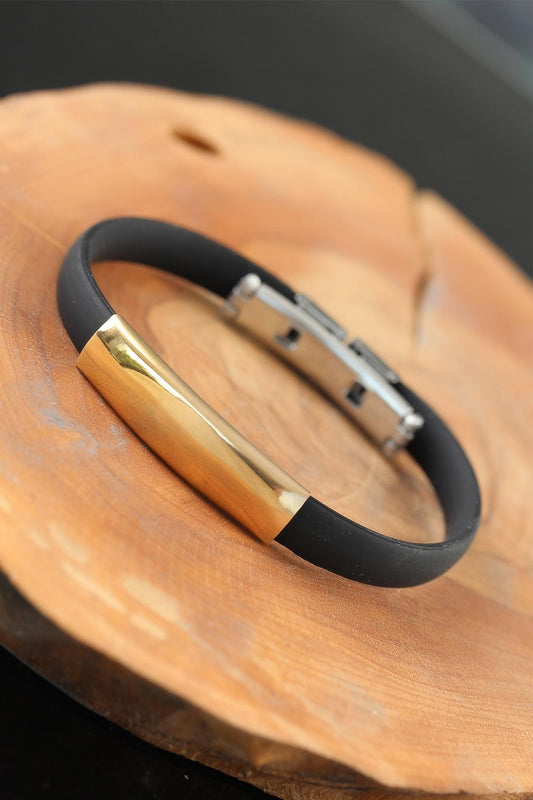 Gold Color Metal Design Black Color Silicone Men's Bracelet