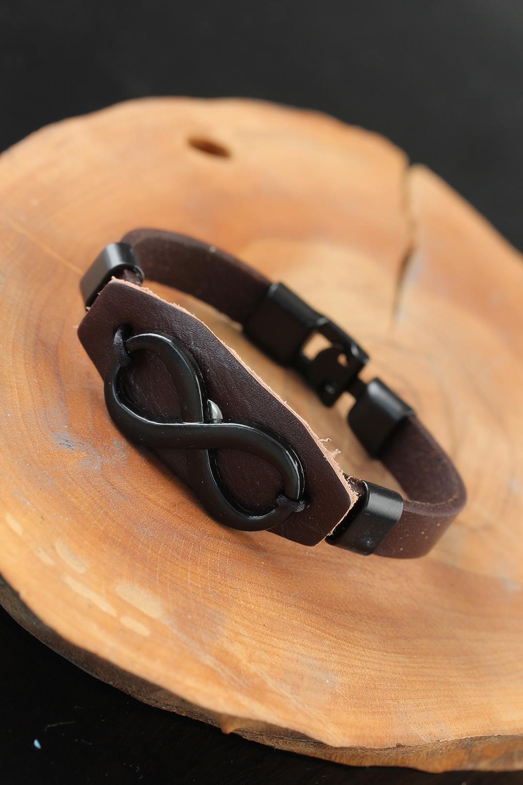 Brown Leather Men's Bracelet with Black Infinity Metal Accessories