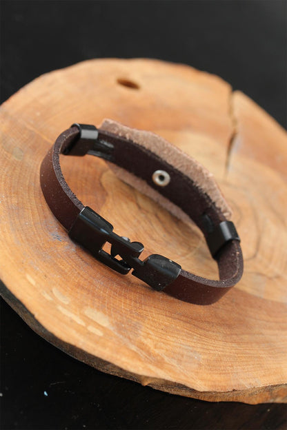 Brown Leather Men's Bracelet with Black Infinity Metal Accessories