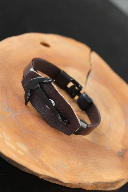 Brown Leather Men's Bracelet with Black Sea Anchor and Steel Accessories