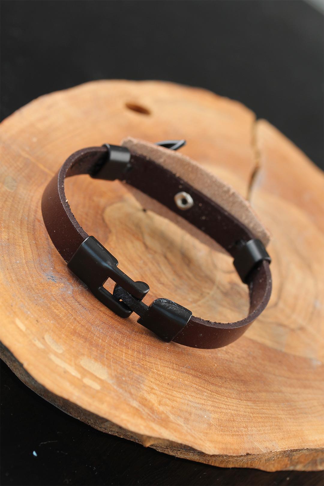 Brown Leather Men's Bracelet with Black Sea Anchor and Steel Accessories