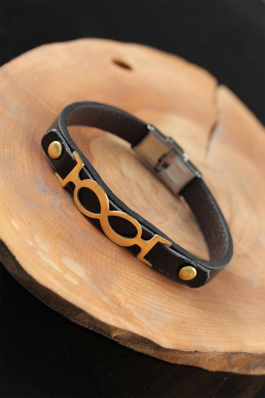 Gold Color Infinity Metal Accessory Black Leather Men's Bracelet