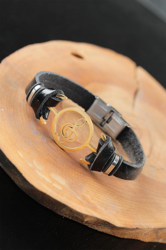 Gold Color Metal Left Key Design Black Color Leather Men's Bracelet