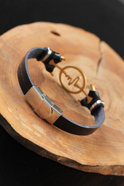 Gold Renk Metal Nabız Tasarım Siyah Renk Deri Erkek Bileklik