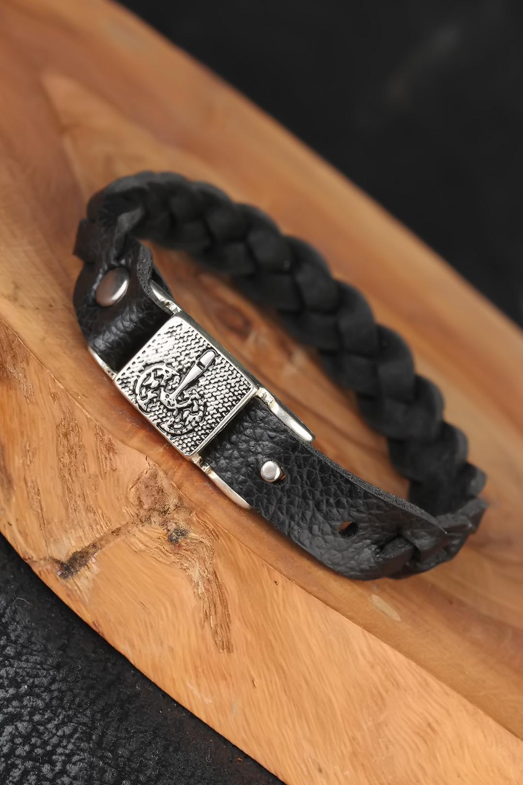 Black Knitted Leather Men's Bracelet