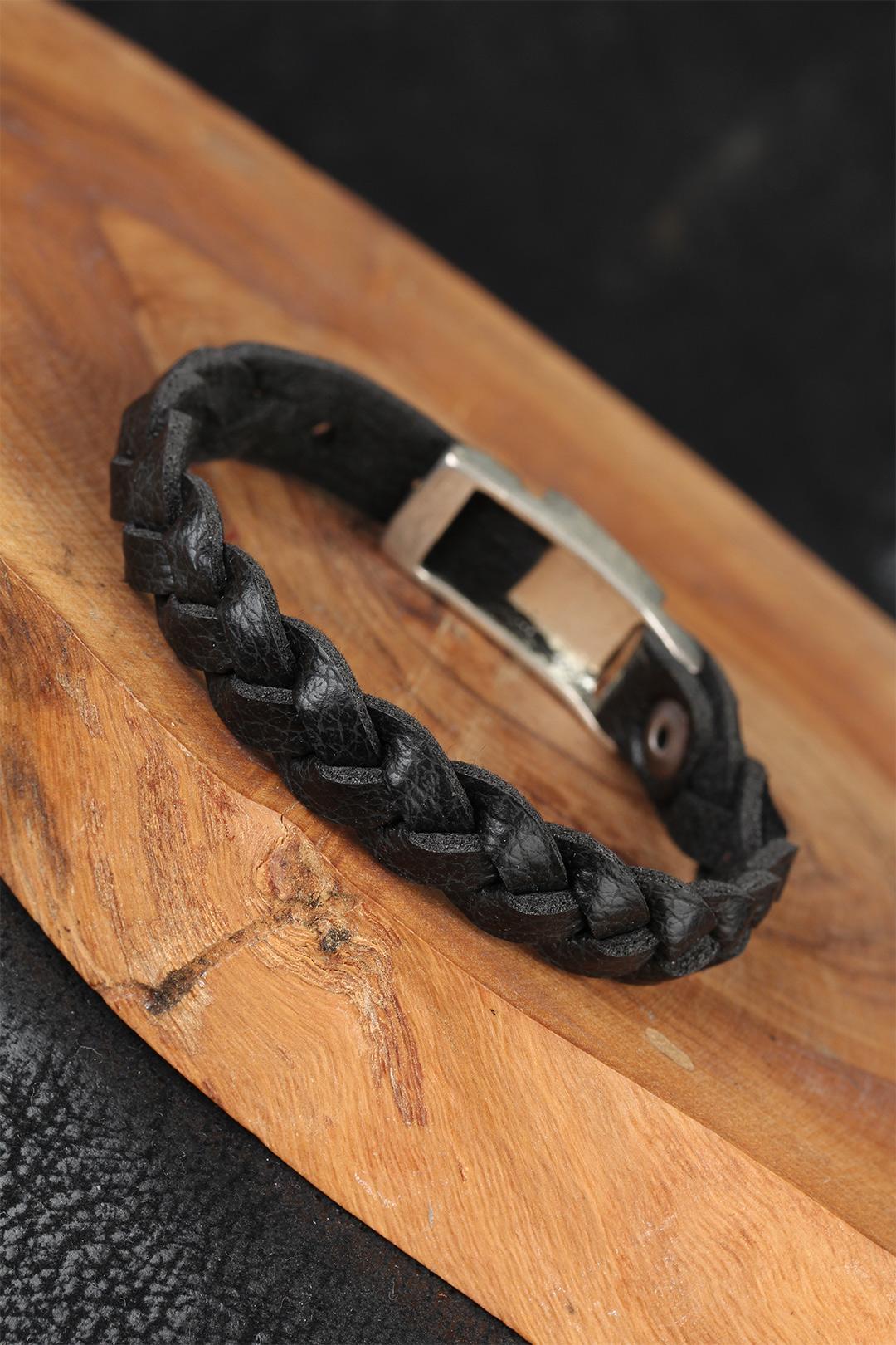 Black Knitted Leather Men's Bracelet