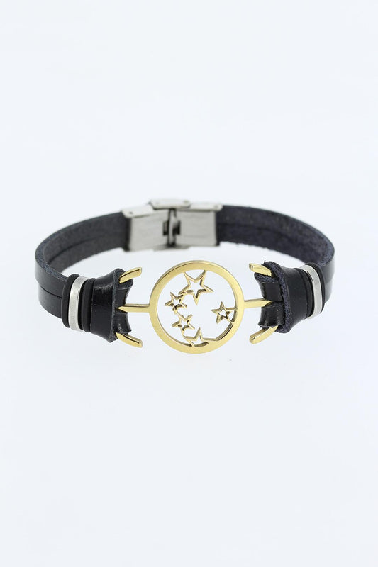 Gold Color Star Figured Metal Accessory Black Color Leather Men's Bracelet