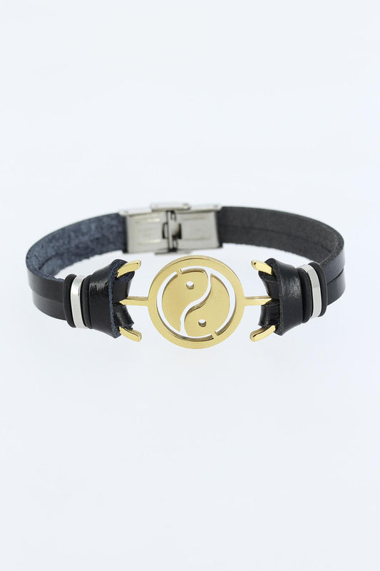 Gold Color Yin Yang Figured Metal Accessory Black Color Leather Men's Bracelet