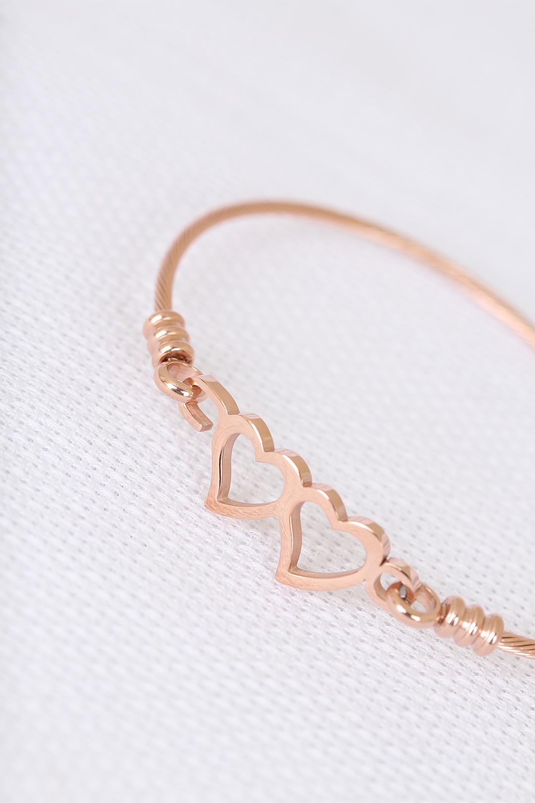 Rose Çelik Çift Kalp Figürlü Erkek Kelepçe Bileklik
