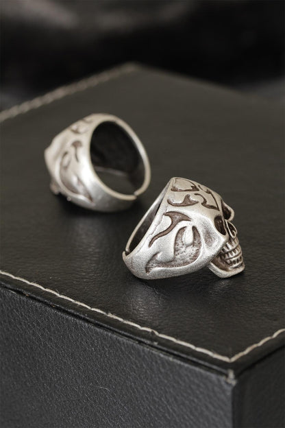 Skull Designed Antique Silver Patterned Adjustable Model Men's Ring