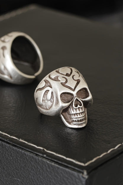 Skull Designed Antique Silver Patterned Adjustable Model Men's Ring