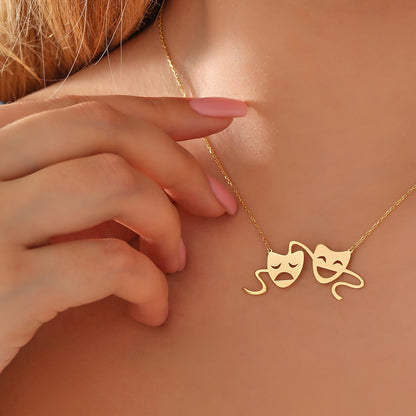 Comedy Tragedy Mask Necklace: 14K Solid Gold or Sterling Silver Drama Pendant