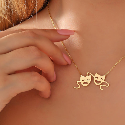 Tragedy Mask Necklace: Dainty Brass with Gold or Silver Finish Drama Pendant