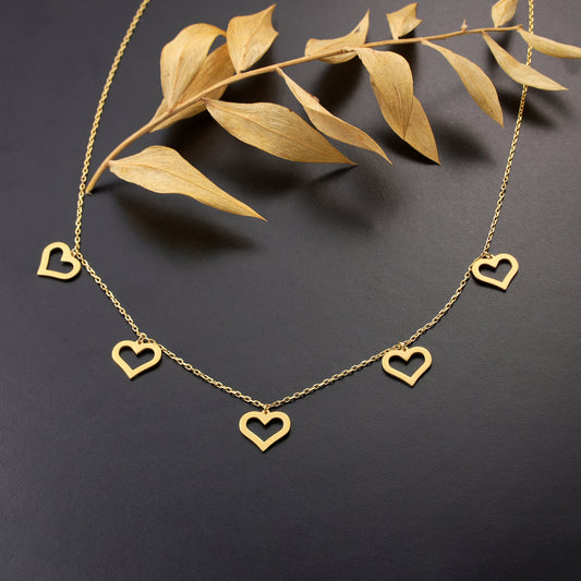 Five Hearts Necklace: Brass with Gold or Silver Finish Charm Pendant