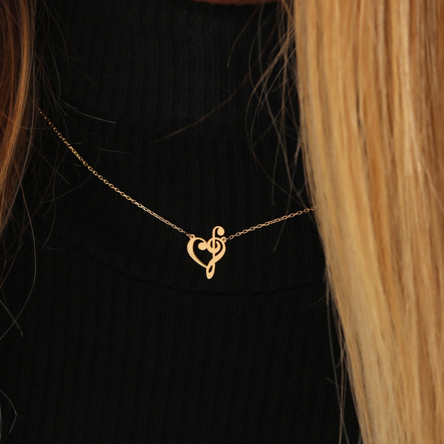 Dainty Heart Treble Clef Necklace: 14K Solid or Sterling Silver Gold Music Jewelry