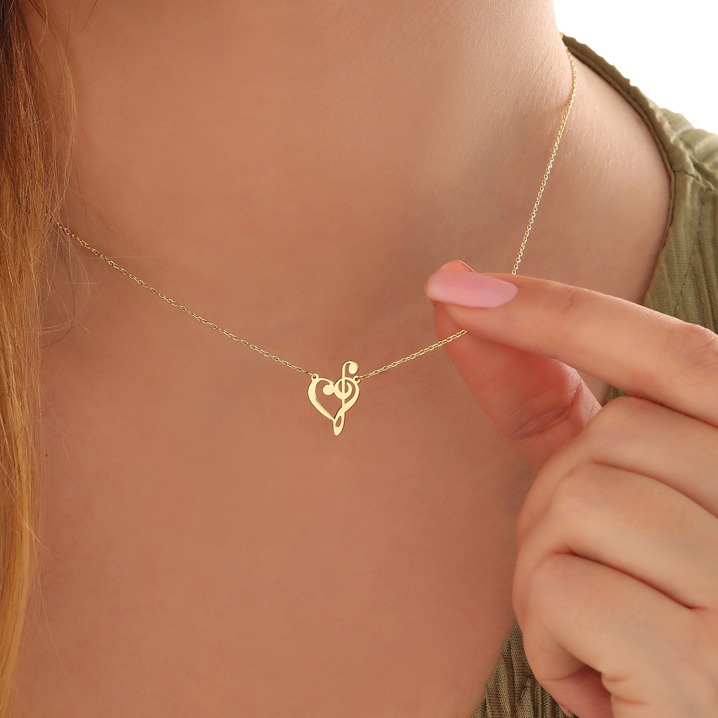 Dainty Heart Treble Clef Necklace: 14K Solid or Sterling Silver Gold Music Jewelry