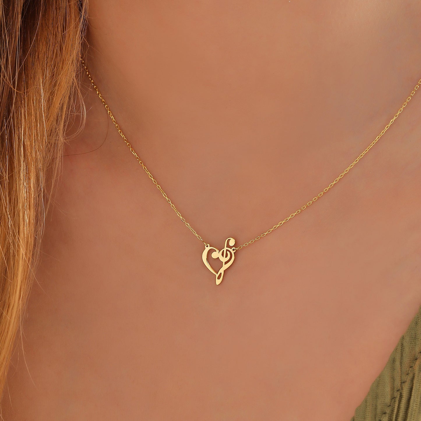 Dainty Heart Treble Clef Necklace: 14K Solid or Sterling Silver Gold Music Jewelry