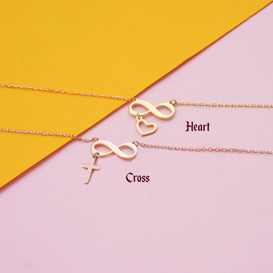 Personalized Infinity Necklace: Brass Heart or Cross Charm