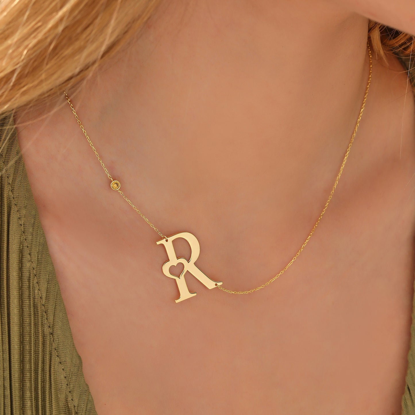 Personalized Birthstone Initial Necklace: 14K Solid Gold Monogram