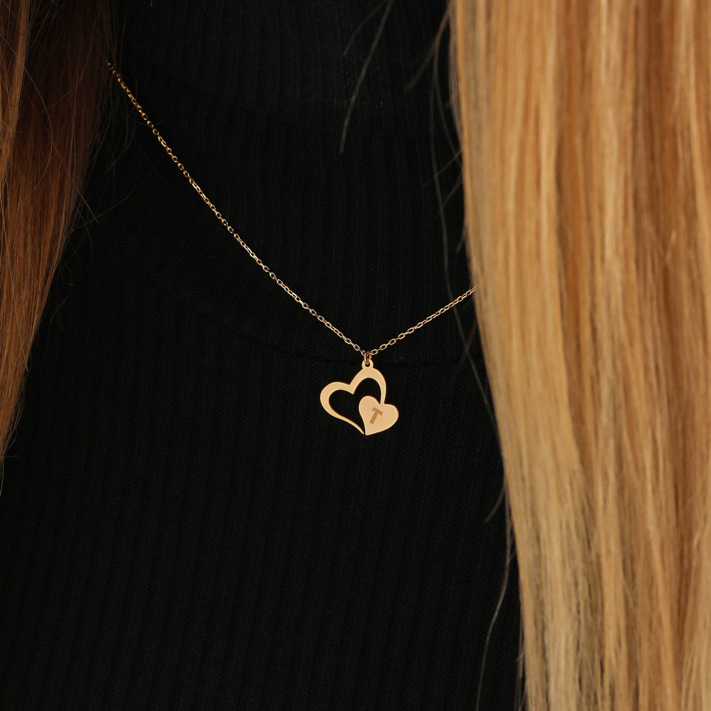 Personalized Double Heart Necklace: Sterling Silver or 14K Gold Initial Pendant
