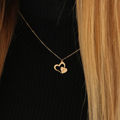 Personalized Double Heart Necklace: Sterling Silver or 14K Gold Initial Pendant