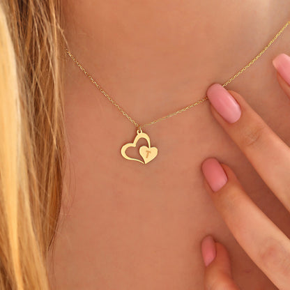 Personalized Double Heart Necklace: Sterling Silver or 14K Gold Initial Pendant
