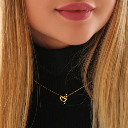 Dainty Heart Treble Clef Necklace: 14K Solid or Sterling Silver Gold Music Jewelry