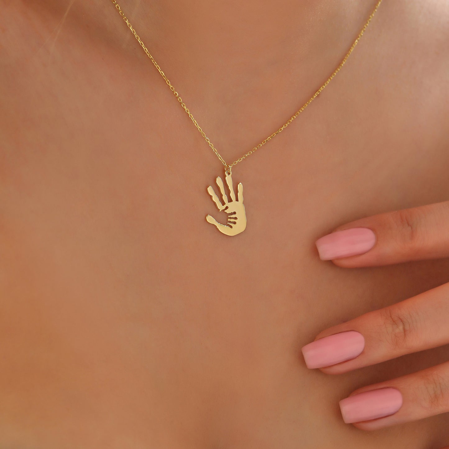 Mother and Baby Hand Necklace: Silver or Gold Handmade Gifts