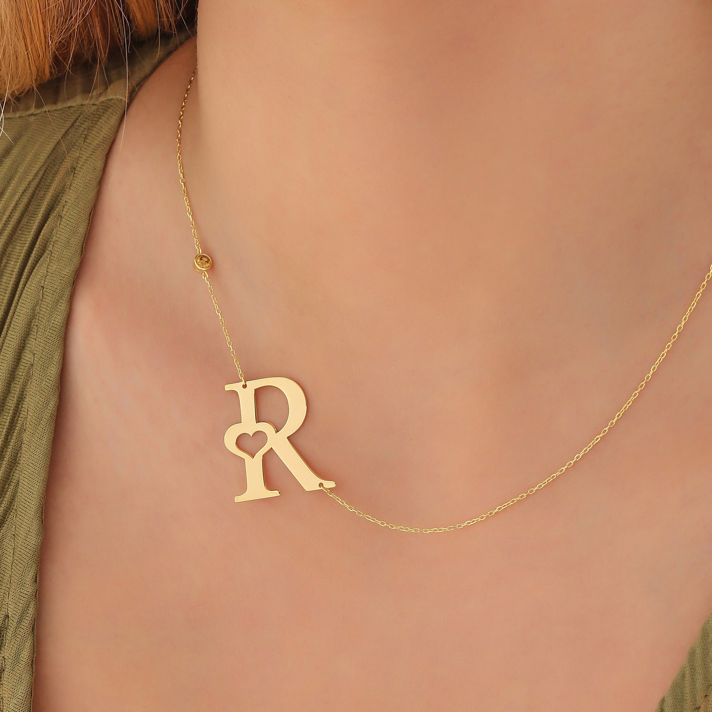 Personalized Birthstone Initial Necklace: 14K Solid Gold Monogram