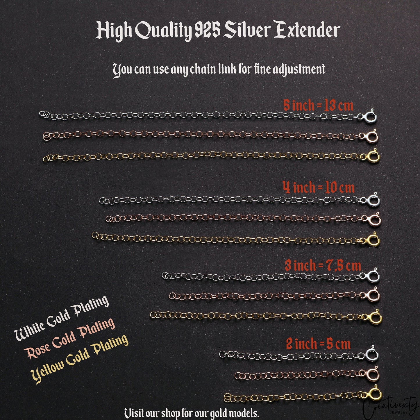 Sterling Silver Necklace Extender: Rose, White, Yellow Gold Chain Prolonger