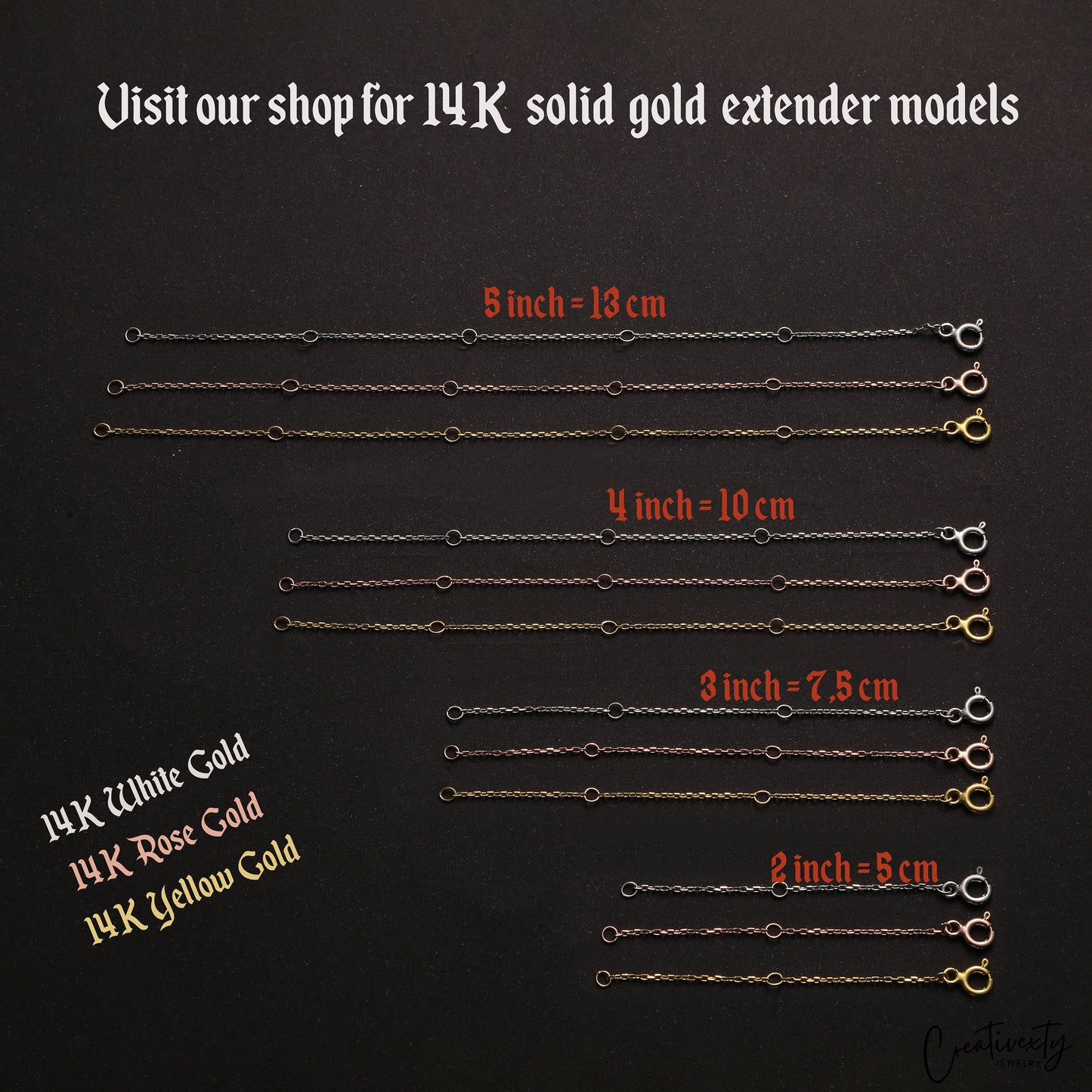 Sterling Silver Necklace Extender: Rose, White, Yellow Gold Chain Prolonger