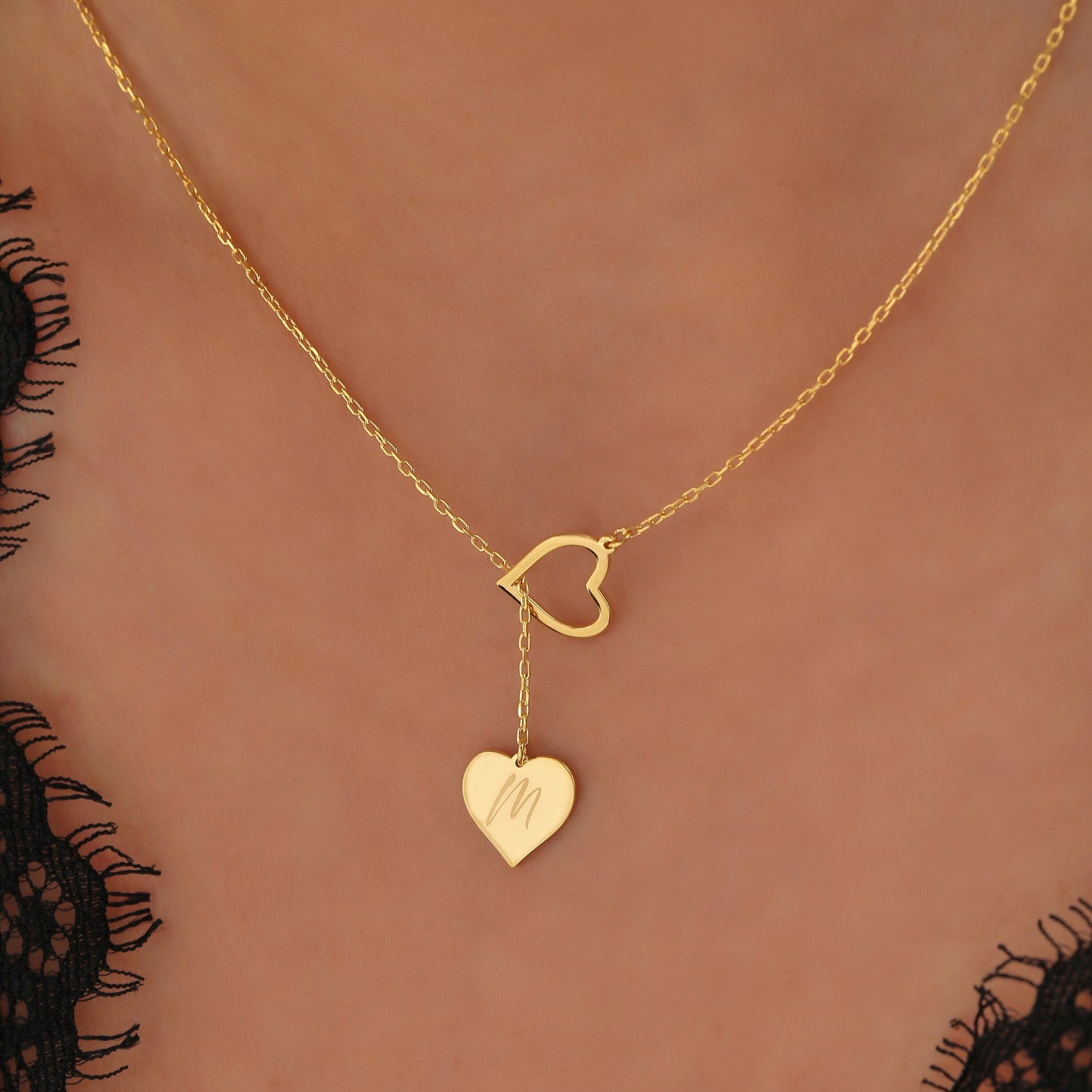 Personalized Lariat Necklace: Sterling Silver Initial Heart, 14K Gold Gift