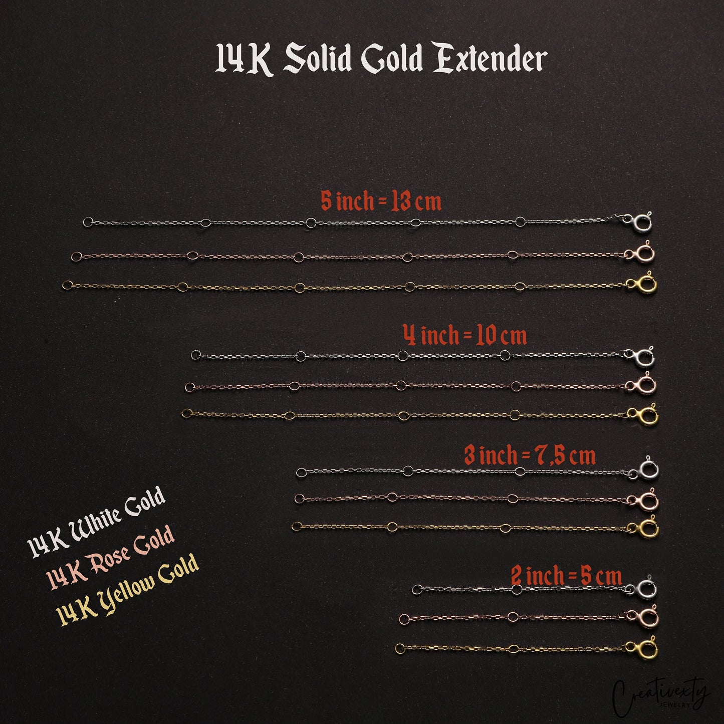 14K Solid Gold Necklace Extender: Yellow, White, Rose Gold